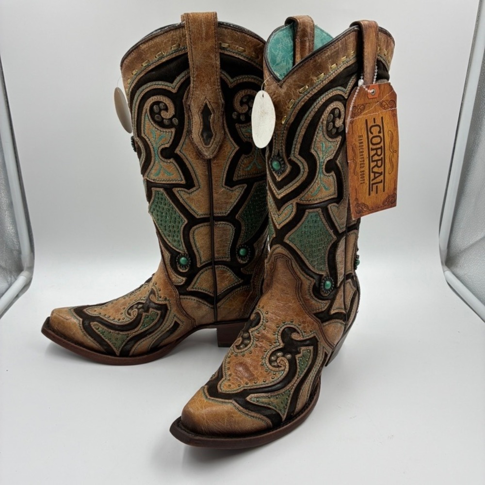 Corral Boots Women's Saddle Brown Teal Leather Inlay Western Snip Toe 6 M - Picture 5 of 16